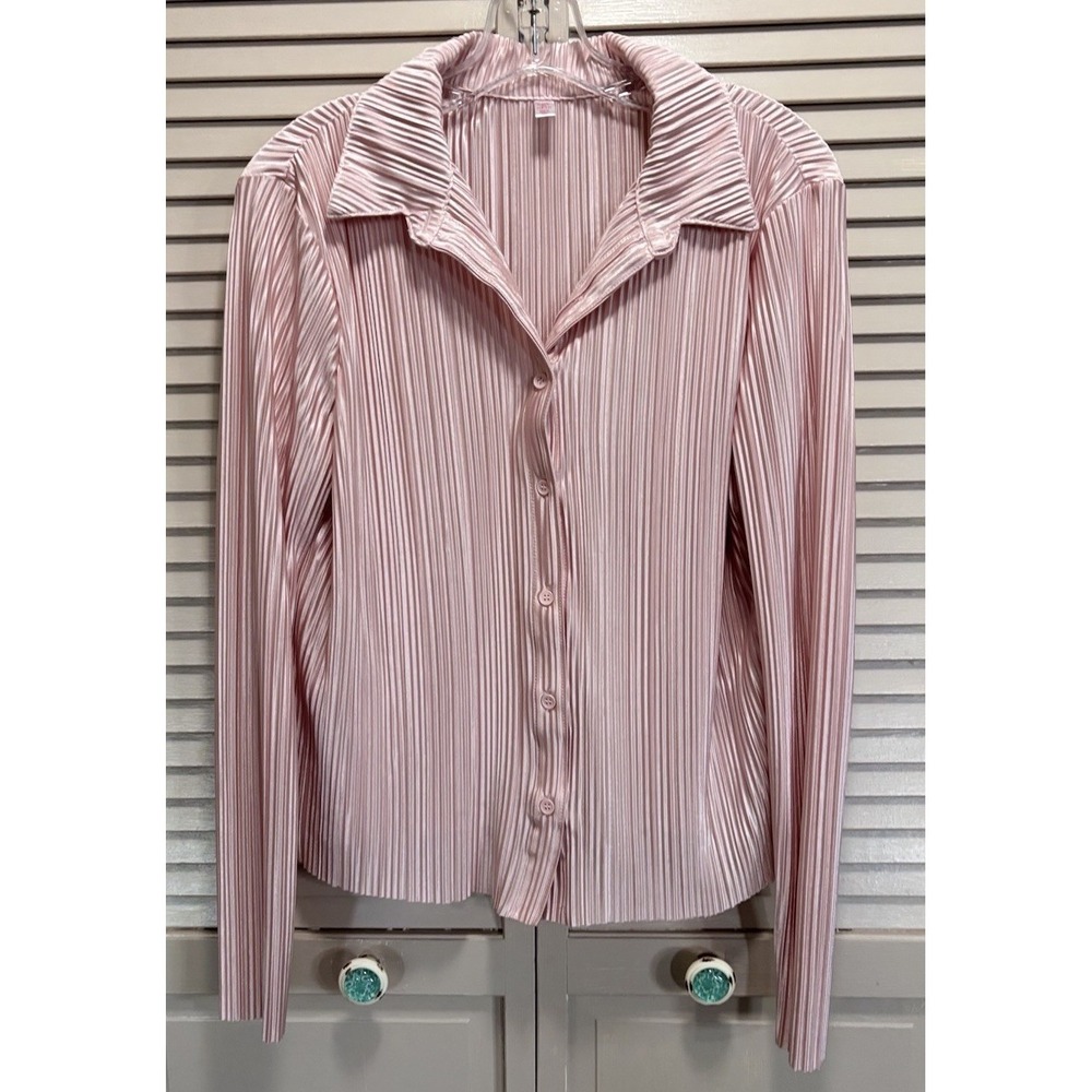 NOBO Pink Silky Crinkle Long Sleeve Button Up Blouse Size XL Collar